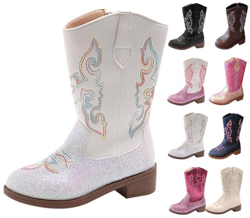 Botas vaqueras hasta la rodilla para niñas, botas de equitación con lentejuelas, botas largas de cuero Y2K con purpurina, botas de baile, punta redonda, tacón bajo, zapatos de invierno para Navidad