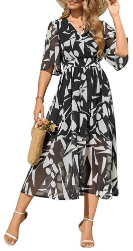 CMTOP Abiti Donna Estivi Vestiti Lungo Manica Corta Vestito Elegante Scollo a V Boho Stampa Floreale Vestiti Casuale Vita Alta Elastica Abiti da Mare Spiaggia Vacanze Party (Quadrato Nero, M)