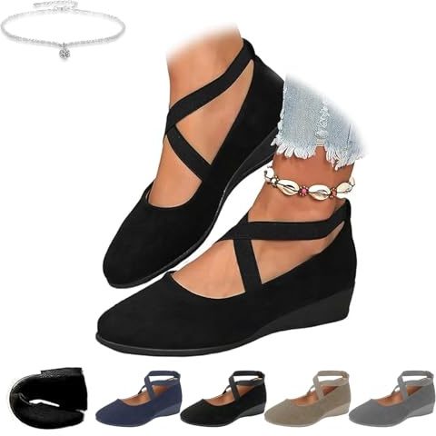 Zapatos cómodos y elásticos de mujer con tiras cruzadas, tacón de cuña, punta redonda, elegante, de ante, tacón bajo, zapatos de ballet, zapatos de bailarina de ocio, Negro , 38.5 EU