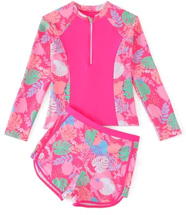 SERENYOU Girls Rash Guard Set 2 Piece Swimsuit Long Sleeve Half Zip Swimwear with Boyshorts Hot Pink 11-12 Years