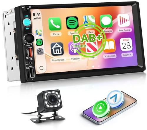 Hodozzy Dab/Dab+ Radio Coche 2 DIN Inalámbrico Carplay Android Auto con 7 Pulgada Pantalla Autorradio Bluetooth, Touchcreen con Salida de Vídeo/RDS/FM/USB/AUX/TF+Cámara Trasera