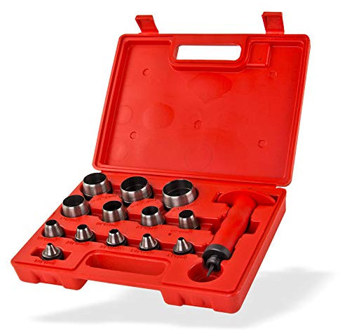 DEMA Locheisensatz 14 tlg. Ø 5-35 mm, gehärtete Köpfe, Zentrierdorn, Schlagschutz, werkzeugfreier Kopfwechsel, Systemkoffer – ideal für präzises Stanzen in verschiedenen Materialien