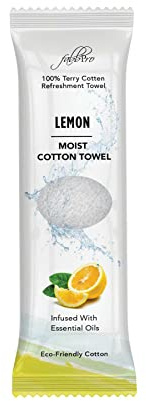 FabbPro Oshibori Moist Terry Cotton Refreshment Towels (25 Pack, 8 x 8 Inches) - White Scented Pre-moistened Essential Oil Infused Towel to Use Hot or Cold - Lemon Scent