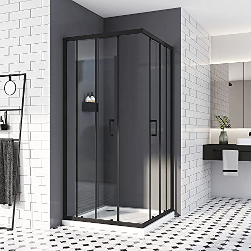 Duschkabine 75x90 cm,Schiebetür Schwarz Eckeinstieg Duschwand Duschtür Duschabtrennung Eckdusche 6mm ESG icherheisklarglas NANO Beschichtet Höhe 185cm