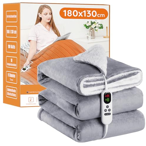 Manta Eléctrica Grande Térmica para Cama 130x180cm 10 Niveles de Calor y Temporizador de Apagado Automático de 1~9 Horas para Protección, Pantalla LED, para Cama Hogar y Oficina, Franela Lavable, Gris