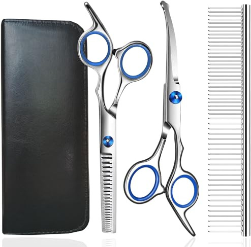 Dog Grooming Scissors, 4-in-1 Dog Grooming Kit with Safety Round Tip, Professional Grooming Shears Set Hair Cutting Trimming Scissors with Steel Comb & Leather Pouch for Dogs Cats Pets
