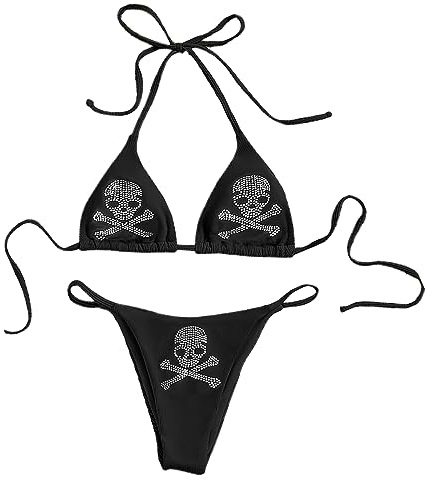 Goth Swimsuits for Women Y2k Clothes Gothic Bathing Suit Sexy Skull Triangle Thong Bikini 2 Piece Rhinestone Rave Sets