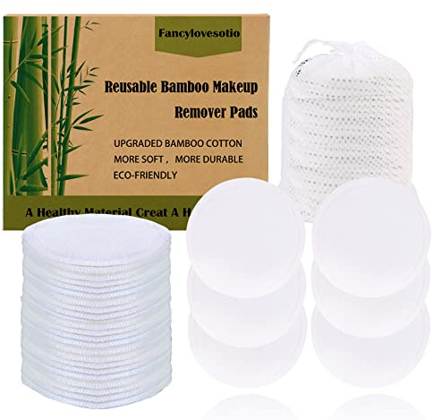 Fancylovesotio Paquete de 30 almohadillas desmaquillantes reutilizables con bolsa lavable para almacenamiento, algodón de bambú reutilizable, color blanco, paquete de 30