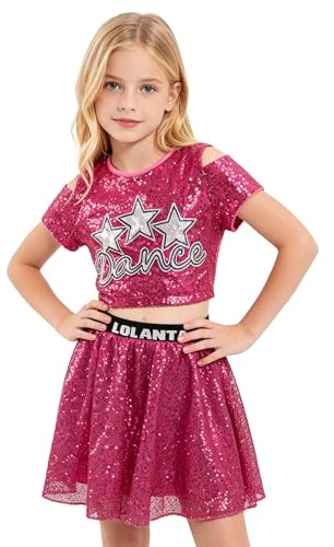 LOLANTA Glittrande dansdräkter för flickor, glittrande Hip Hop Jazz Danskläder, korta toppar med kjol 5–12 år, rosa, 11-12 �r