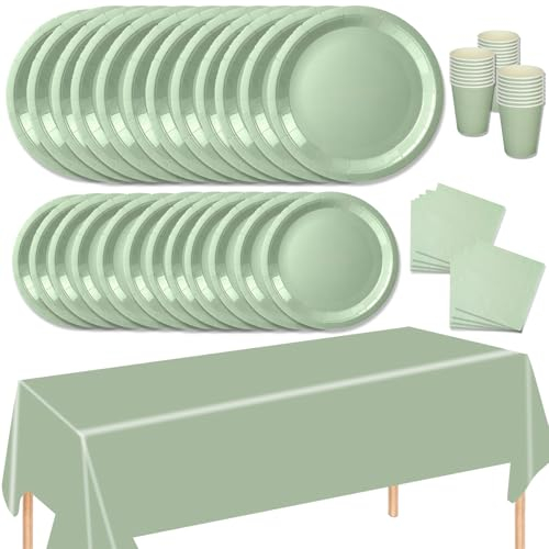 MORAINJAY Set di 69 Stoviglie Carta per feste,Verde Erba Stoviglie Party Set Include Piatti,Tovaglioli,Tazze,Tovaglia per Compleanno,Baby Shower,Ristorante e Matrimoni Tinta Unita Decor -16 Ospiti