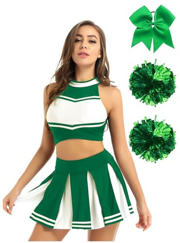 Jowowha Damen Cheer Leader Kostüm 4tlg.Crop Tops mit Rock Pompoms Haarband Cheerleading Uniform Tanzkleid Halloween Karneval Fasching Partykleid Grün S