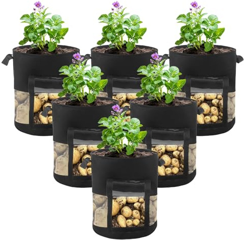 LITLANDSTAR 6 Pack 7 Gallon Visible Potato Grow Bags, Heavy Duty Thickened Non-woven Fabric Plant Growing Bags with Handles & Visible Flap for Potatoes, Carrots, Tomatoes and Other Vegetables