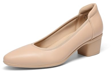 DREAM PAIRS Zapatos de vestir de tacón bajo y grueso para mujer, punta cerrada, tacones cómodos, para trabajo, boda, oficina, zapatos de tacón, Desnudo/, 42 EU