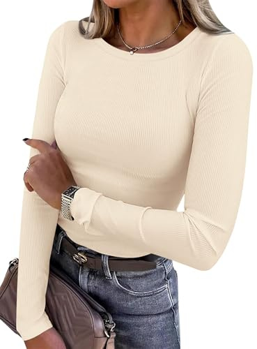 PRETTYGARDEN Women 2026 Fall Clothes Long Sleeve Shirts Ribbed Knit Fitted Basic Tee Going Out Tops Underscrub Casual Outfits (Beige,Medium)