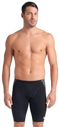 ARENA Performance Men's Monogram Swim Jammer MaxLife Athletic Practice Knee-Length Swimsuit Short Competitive Training Bathing Suit, Black/Dark Sage Multi, US Size 28
