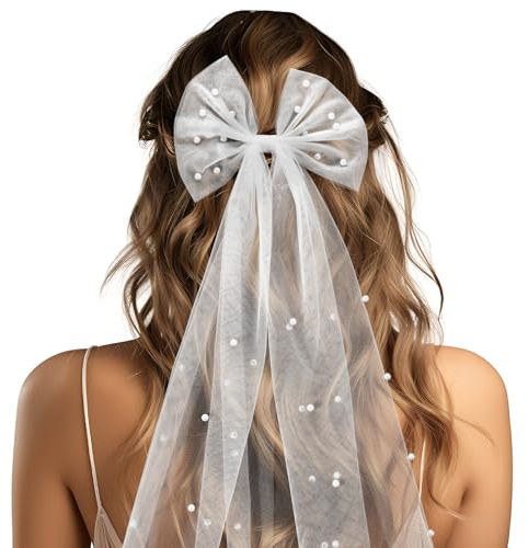 Bridal Veil Hair Clip, Bachelorette Party Veil with Pearls Elegant Wedding Bridesmaid White Hair Bow for Women and Girls