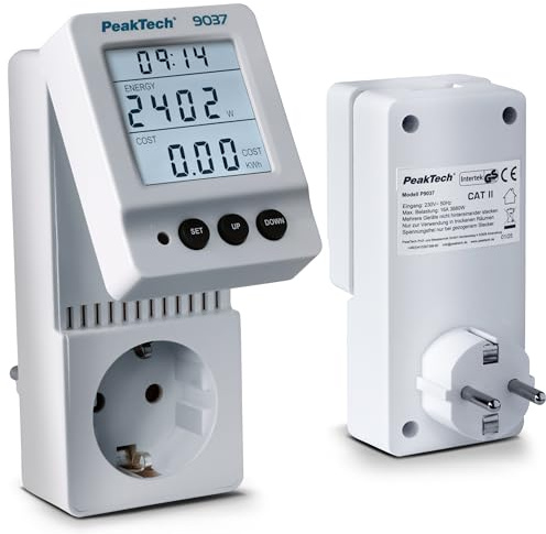 PeakTech 9037 Energiekostenmessgerät, Strommessgerät/Strommesser 0,1W Auflösung mit schwenkbarer Anzeige und Leistungsfaktor