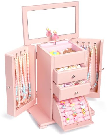 Emfogoo Joyero musical para niños y niñas, caja de música grande de madera para niños con bailarina giratoria y espejo, 4 niveles, joyero para niñas, regalo de Navidad y Año Nuevo (rosa)