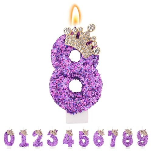 TESGADGETS Candele di Compleanno Lilla, Candele a Forma di Corona con Numero 8 per Torte, Candela Scintillante con Numero 8 per Eventi Anniversari