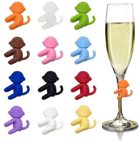 12 Pezzi Colorati Segnabicchieri, Scimmia Identificatore Del Bicchiere di Vino, Segnabicchieri in Silicone per Feste, per Bicchiere da Champagne, Bicchiere da Cocktail, Bicchiere da Martini