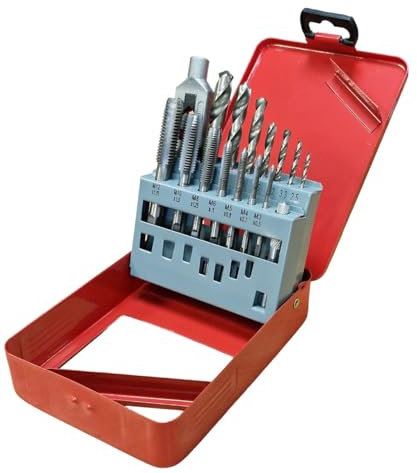 PTI 15pcs Threading Taps Set Metric M3-M12 Alloy Steel Hand Thread Repair Tools with Tap Wrench, HSS Twist Drill Bits Heavy Duty Jobber Drills Kit 2.5-10.2mm in Red Metal Storage Case