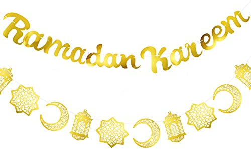 Tatuo 2 Banner di Ramadan Kareem Banner Glitterato d'oro e Ghirlanda di Stelle di Luna di Lanterne Decorativa Ghirlande di Eid Festival Appeso per Articoli per Feste Casa Decorazioni Ramadan