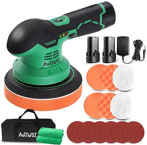 Akku Poliermaschine,AUTIWOZ Exzenter Poliermaschine,Polier Random Orbit 8mm,2 Akkus,Autopoliermaschinen Set,6 Variable Geschwindigkeit,Kabellos Polieren für Auto,150mm Polierteller