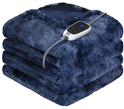 Sealy Electric Blanket Heated Throw, Faux Fur Heating Blanket with 6 Heat Settings & 2-10 Hours Auto Shut Off, Fast Heating & ETL Certification, 50x60 Inch, Navy Blue