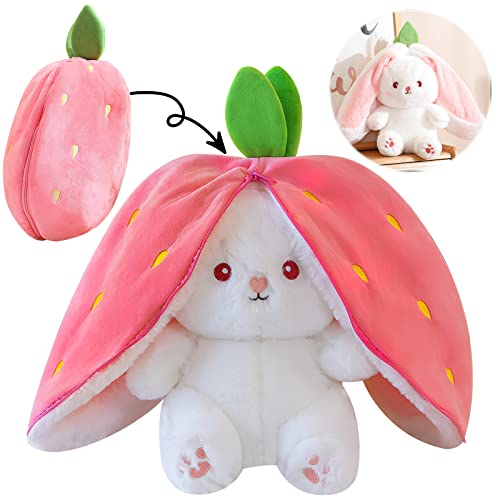 VOSSOT Hasen Verstecken, Erdbeerhasen Kissen Plüschtier, Osterhase Gefülltes Plüschtier Hase, Hasenpuppe, Hasenplüsch, Hasenplüschtier, Eingewickelt in Erdbeergeschenke, 18 cm Hoch (Kaninchen)
