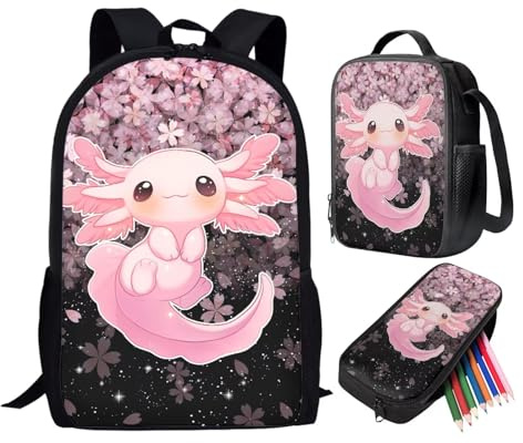 ZFRXIGN Sakura Axolotl Kids Backpacks Girls Bookbags with Insulated Lunch Bag Pen Case Daypack for Child Outdoor Sports Travel Pink Cherry Blossom Flower