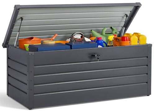 DKIEI Lockable Garden Storage Box, 600L Waterproof Outdoor Storage Box, Metal Storage Box with Lid, Black Deck Box Storage Container for Garden Tools, Toys, Cushion, Pillow, 165x 70x 62 cm
