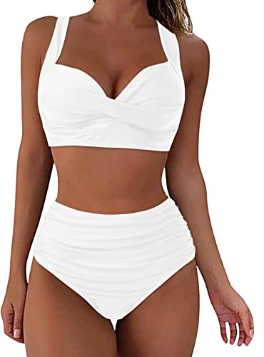 Bikini pour femme, ventre plat, grande poitrine, col en V, motif floral croisé, maillot de bain, bikini deux pièces, taille haute, push-up, pour femme, 2 - Blanc., L