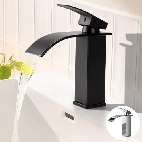Grifo Lavabo Negro Cascada Grifo de Lavabo Baño Grifo Monomando Lavabo Moderno Grifo de Baño Cascada Mezclador de Lavabo Agua Fría y Caliente Disponibles (Negro)