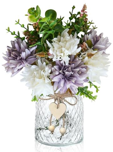 Duscdesp Artificial Flowers in Vase,Artificial White Rose Flowers Table Centrepiece Faux Flowers,Decorative Artificial Flowers with Vase Home Kitchen Office Coffee Decorations (Purple)