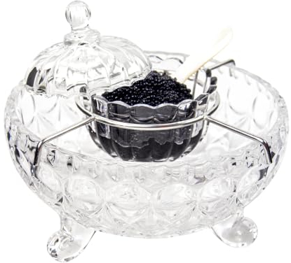 DUEBEL Juego de servidor de caviar con 2 cucharas de nácar – Elegante cuenco de servir con patrón de gotas para caviar, camarones y más en eventos de cocina, restaurante y catering