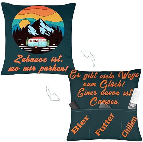 Merclix Camping Kissenbezug 45x45 cm mit 3 Taschen Geschenk Camper