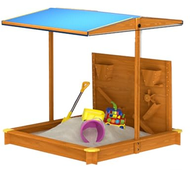 GKPSSURV Arenero de Madera con Caja de Almacenaje, Caja de Arena con Toldo Ajustable, Cubierta Impermeable, Forro Inferior, Caja de Arena para La Playa