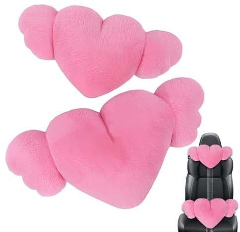 Besreey Cuscino con ali d'angelo a cuore, peluche con cuscino a cuore | 2 cuscini per poggiatesta per auto a forma di cuore con ali - Adorabile cuscino in peluche per viaggiare in auto, decorare il