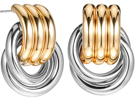 Bremorou Gold Knot Earrings, Chunky Statement Geometric Drop Dangle Long Link Earrings, Two Tone, 1.26 × 0.87 × 0.98 Inches