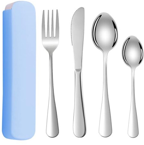 LIURFLNC Campingbesteck, 4 Stück Reisebesteck, Wiederverwendbare Edelstahl Besteck für Unterwegs, Tragbare Leichtes Gesund Reise Besteck für Picknick,Arbeiten,Wandern,Büro,Schule Lunch-Blau
