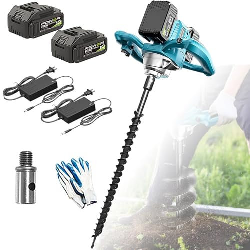 Cordless Fence Post Auger,Brushless Cordless Earth Auger,Electric Post Hole Digger With Two batteries and two chargers,Forward & Reverse Direction,for Drilling & Post Hole Digging(40MM drill bit)