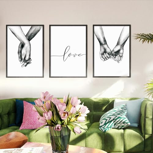 OJTOJT Set Di Stampe Da Parete, Quadri Moderni Soggiorno, Set Di 3 Stampe Da Parete, Poster Tenersi Per Mano In Bianco E Nero, Per Camera Da Letto Soggiorno Decorazioni Senza Cornice (40x50cm)