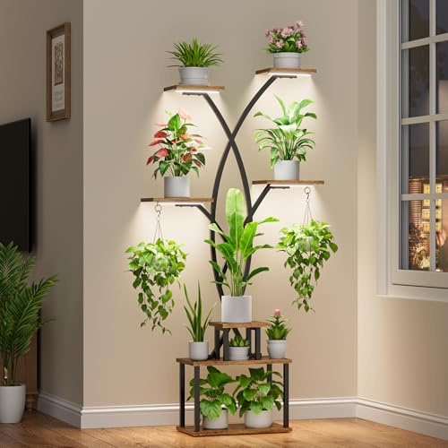 Étagère à plantes avec lumière de croissance - 7 niveaux - Grand support de fleurs de 167 cm - En métal et bois - Pour l'intérieur et l'extérieur - Noir - Pour l'intérieur et le balcon