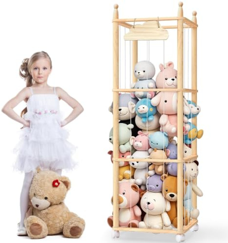 Kensbro Rangement pour doudous en Bois, Grande étagère en Peluche à 3 Niveaux, 138 x 42 cm, avec Roues de Frein, Peu encombrante pour Chambre d'enfant, Salle de Jeux, Blanc Naturel
