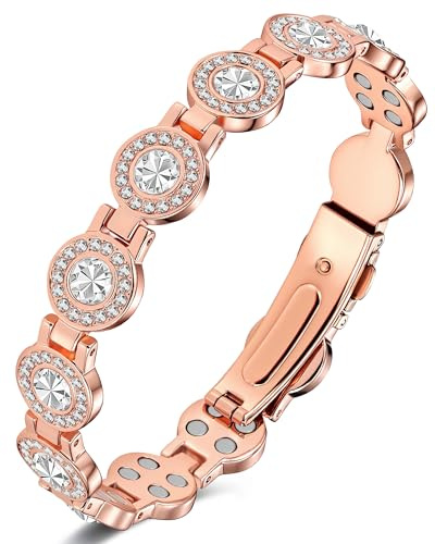 Jeracol Copper Bracelets for Women, Magnetic Bracelet with 4pcs Magnets each link&circular-cut crystals, 99% pure copper, Jewelry Gift (Rosegold)