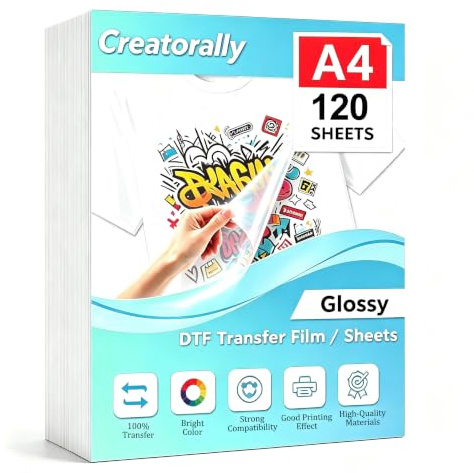 Creatorally 120 hojas A4 brillante de transferencia DTF (210 × 297 mm) – Doble cara brillante PET DTF película para impresoras de inyección de tinta con tinta DTF o tinta de sublimación