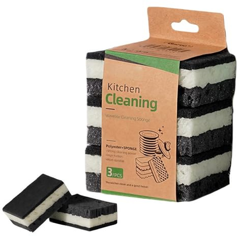 HSTWODE 3 stycken skrubbsvamp, 3,8 cm tjock rengöringssvamp, reptålig disksvamp, används för rengöring av kök, diskbänk och skål (svart och vit)