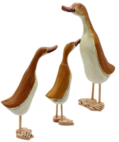 ARTSEWPLY 3 Piezas Escultura de Madera de Pato Decorativa Figura Artesanal para Hogar Estatua Animal Tallada con Base Estable para Escritorio y Regalo Elegante