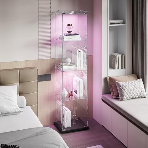 Zorvani Vitrina de Cristal con LED, 1 Puerta con Cerradura, Cristal y Madera, con 4 estantes de Cristal para coleccionables, Libros, Vino, para Oficina, salón, Cocina (lámpara LED Negra)