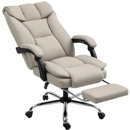 HOMCOM Silla de Escritorio con Reposapiés, Silla de Oficina Giratoria, con Respaldo Reclinable y Alto, Acolchado Grueso Doble, Tapizada en Cuero Sintético Resistente, Altura Ajustable, Caqui